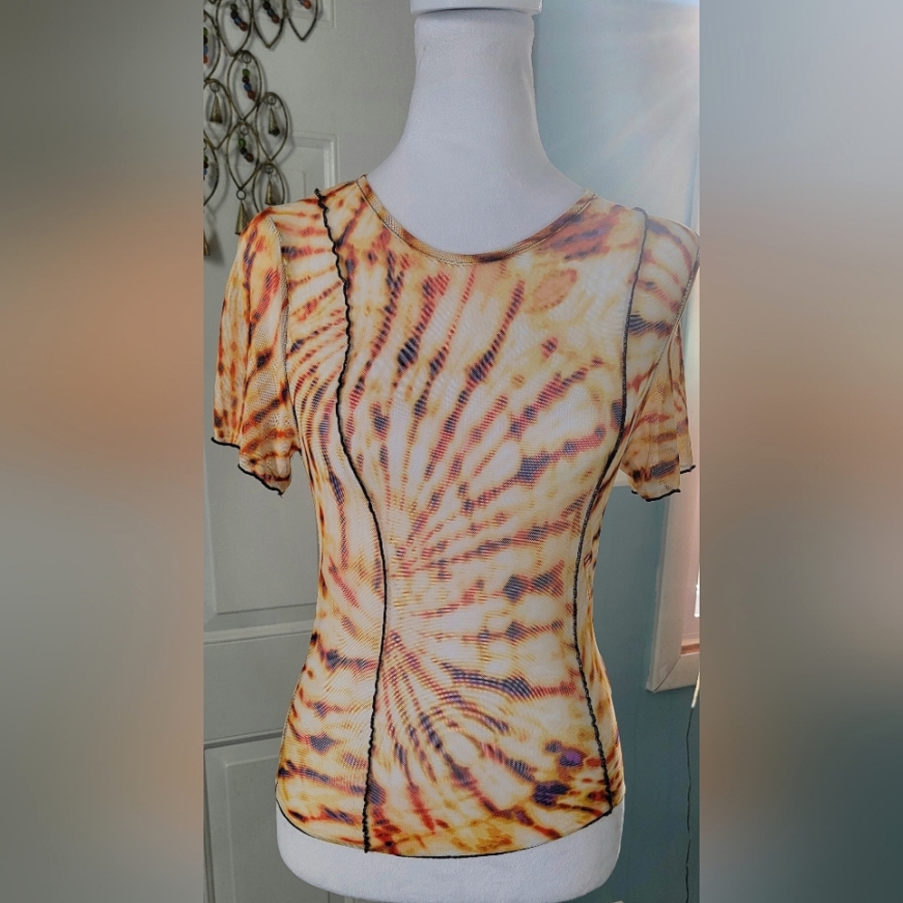 Urban Outfitters Mesh Tee Cropped Women's S Yellow, Orange, Black Tie Dye Stretc